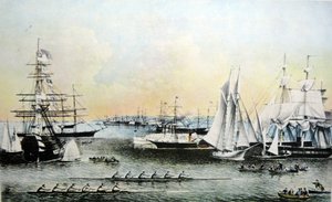 Currier & Ives -kuvitus 1800-luvulta. Kesäkohtauksia laivoista New Yorkin satamassa